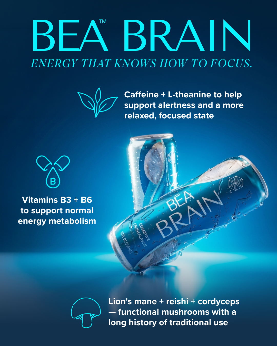 BEA Brain — electric blue energy drink for mental clarity and focus